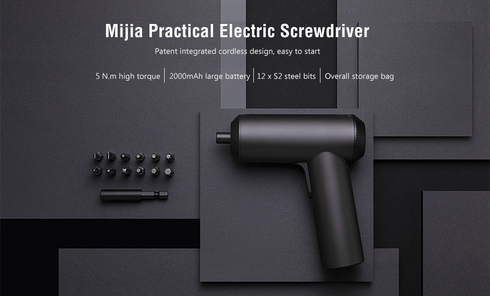 Mijia MJDDLSD001QW Home Electric Screwdriver 5N.m High Torque 2000mAh Battery 12 Pieces S2 Bits - Black